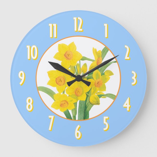 Grande Horloge Ronde Yellow Daffodils on Blue Floral Wall Clock (Recto)