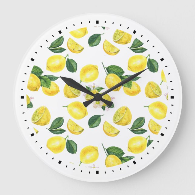 Grande Horloge Ronde Yellow Lemons Watercolor Pattern (Recto)