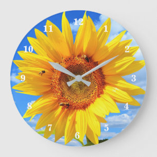 Grande Horloge Ronde Yellow Sunflower and Bees on Blue Sky - Summer 