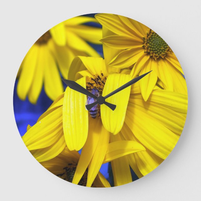 Grande Horloge Ronde Yellow Sunflower Blue Bee Wall Clock (Recto)