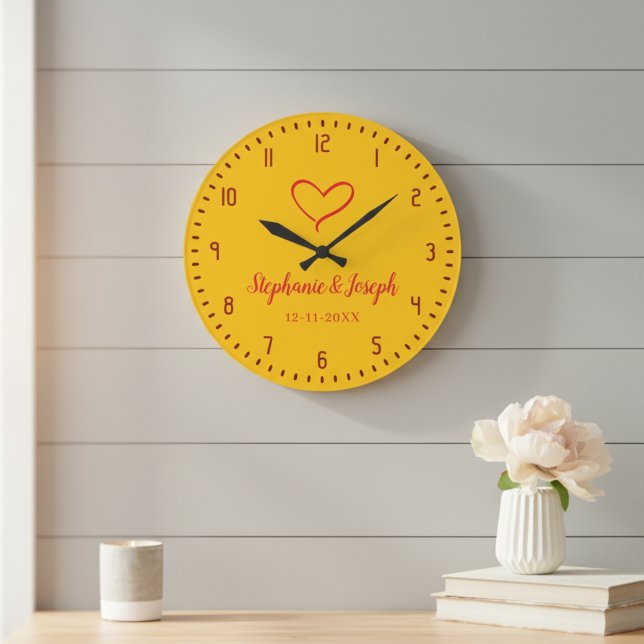 Grande Horloge Ronde Yellow Wedding or Anniversary Gift Clock  (Wedding or Anniversary gift idea: personalized romantic wall clock.)