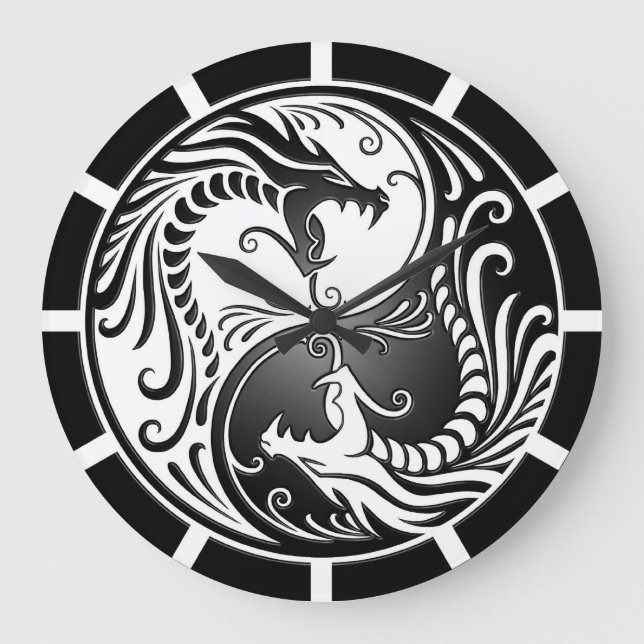 Grande Horloge Ronde Yin Yang Dragons, blanc et noir (Recto)