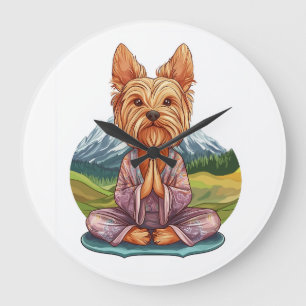 Grande Horloge Ronde Yorkie de Yoga � Chien Méditant Drôle