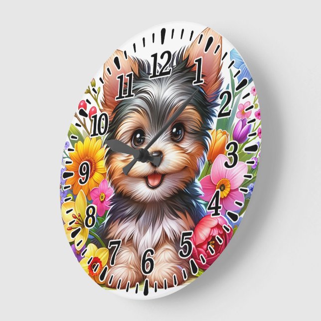 Grande Horloge Ronde Yorkie heureux (Angle)
