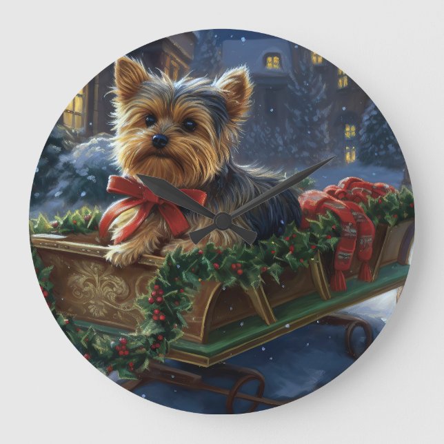 Grande Horloge Ronde Yorkshire Terrier Saison de Noël festive (Recto)