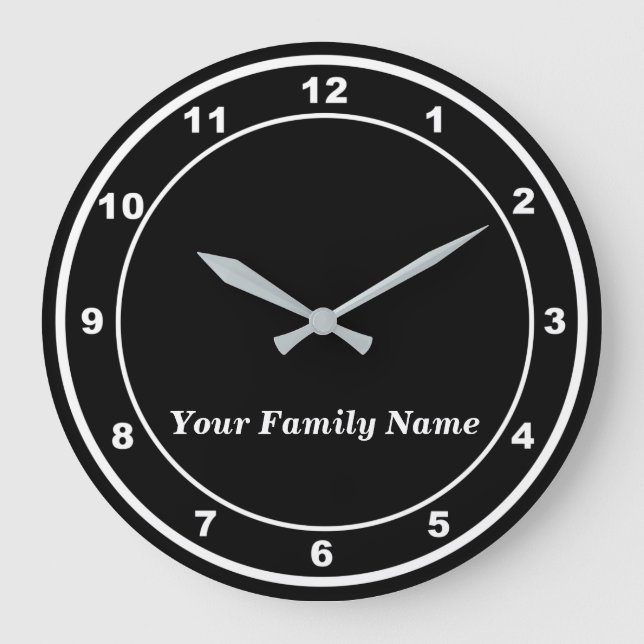 Grande Horloge Ronde Your Family Name on Black Round Wall Clock (Recto)