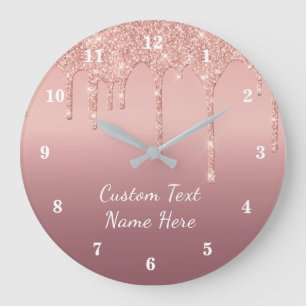 Grande Horloge Ronde Your Text Rose Gold Blush Glitter Sparkle