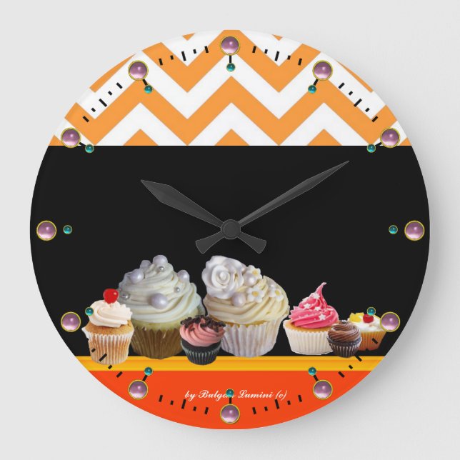 Grande Horloge Ronde YUMMY COLORFUL CUPCAKES DESERT SHOP Orange Chevron (Recto)