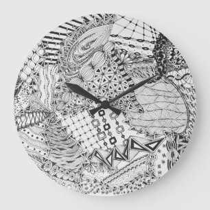 Grande Horloge Ronde Zendoodle Tangle ZIA 01 noir et blanc personnalisé