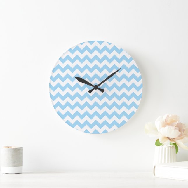 Grande Horloge Ronde Zigzag bleu, Chevron bleu, Motif géométrique (Maison)