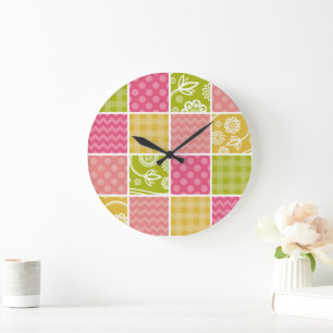 Grande Horloge Ronde Zigzag, Chevron, Pois, En vichy, Patchwork