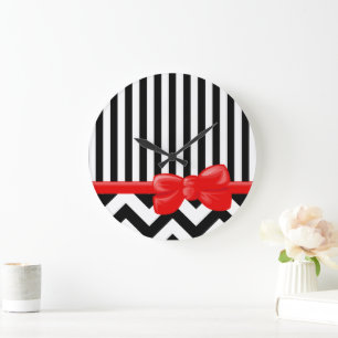 Grande Horloge Ronde Zigzag, chevron, stripes, Black and White