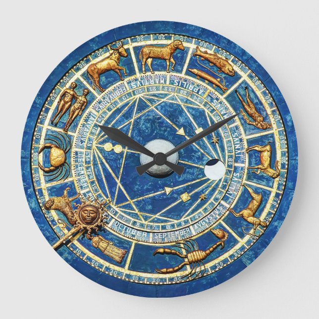 Grande Horloge Ronde Zodiac Blue et Gold Old World Celestial Astrology (Recto)