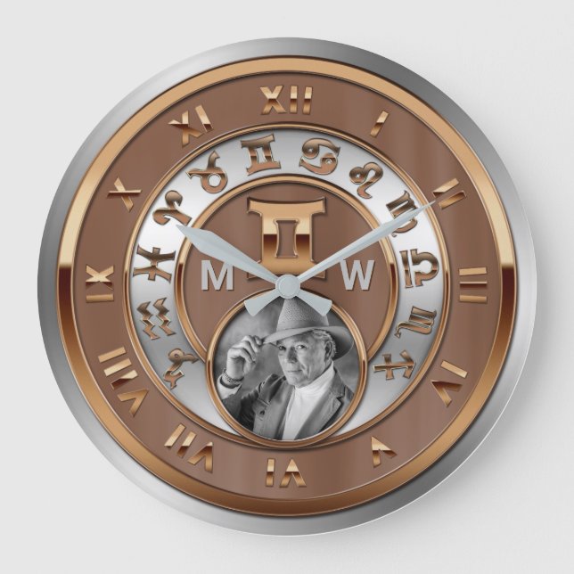 Grande Horloge Ronde Zodiac Photo bronze Argent Monogramme Gemini Twins (Recto)