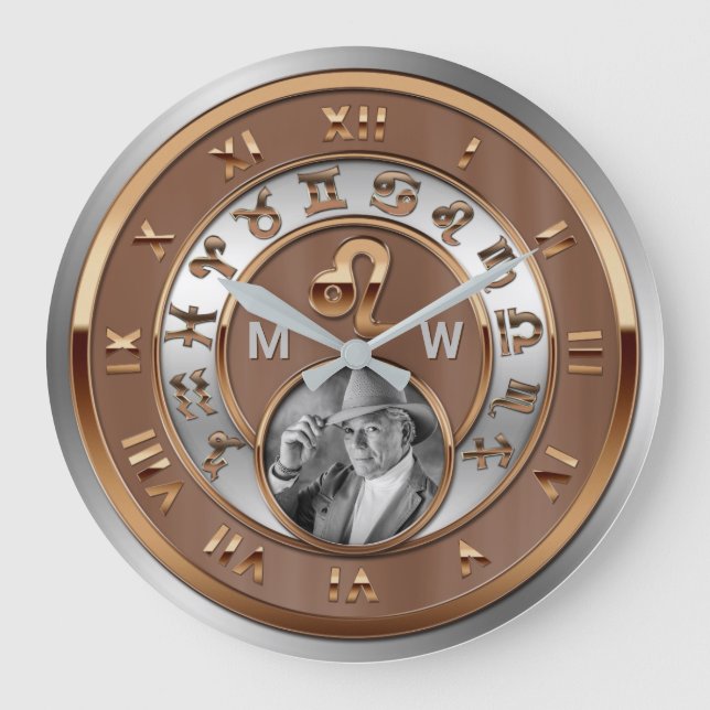 Grande Horloge Ronde Zodiac Photo Bronze Argent Naissance Monogramme Le (Recto)