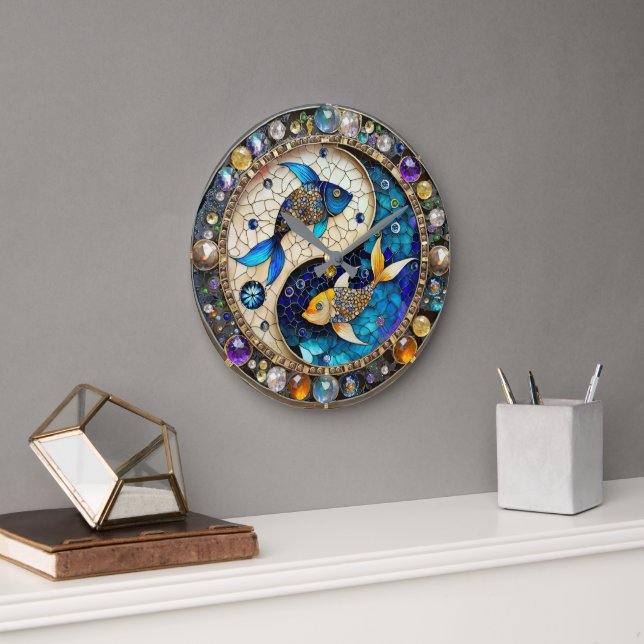Grande Horloge Ronde Zodiac - Poissons de poisson Yin et Yang (Bureau)