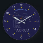 Grande Horloge Ronde Zodiaque Taurus<br><div class="desc">Zodiac Constellation Taurus. Le color des stars est roughly réel. Les noms de Star and space objects. à Greek mythology, Taurus is a bull, the transfiguration of Zeus to abduct a beautiful Europe. Hyades were a nymph sisterhood that rain. Les Pleiades ou Seven Sisters font les seven daughters de l'Atlas...</div>