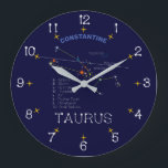 Grande Horloge Ronde Zodiaque Taurus<br><div class="desc">Zodiac Constellation Taurus. Le color des stars est roughly réel. Les noms de Star and space objects. à Greek mythology, Taurus is a bull, the transfiguration of Zeus to abduct a beautiful Europe. Hyades were a nymph sisterhood that rain. Les Pleiades ou Seven Sisters font les seven daughters de l'Atlas...</div>