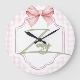 Grande Horloge Ronde Zoey Baby Girl Nursery Bow&En vichy personnalisé