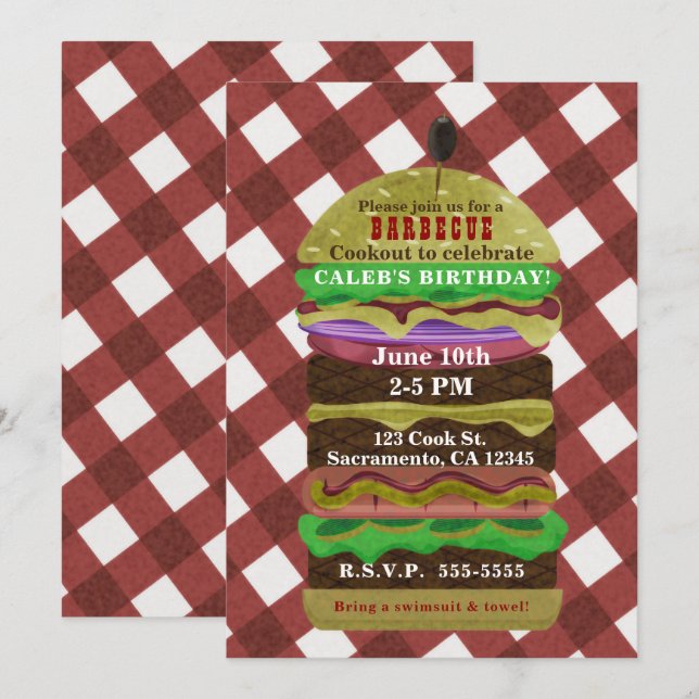 Grande invitation rouge pour barbecue d'été au ham (Devant / Derrière)