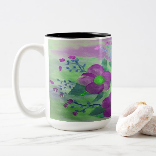 Grande Mug à fleurs violet et vert citron (Avec donut)