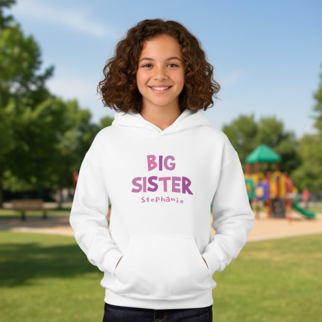 Grande Sœur Personnalisée (Personalized big sister hoodie with a custom name and girly colored typography.)
