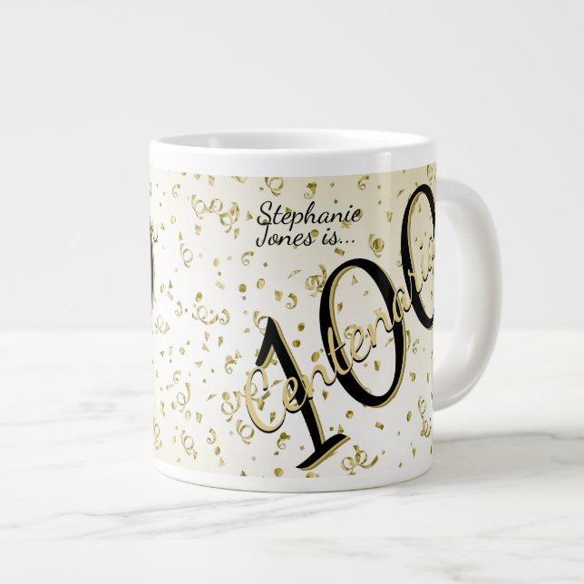 Grande Tasse 100 ans Centenaire Anniversaire Noir/Or Texte (Devant droit)