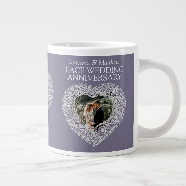 Grande Tasse 13e Mariage dentelle anniversaire coeur photo gris (Droite)