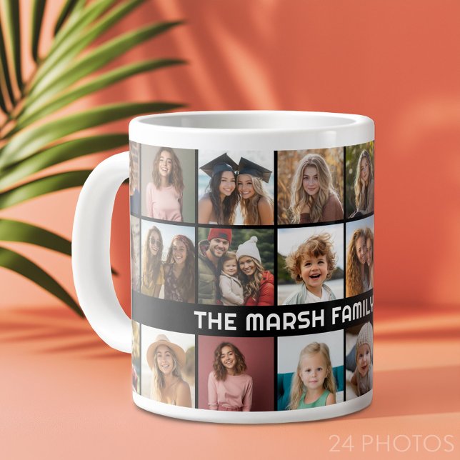 Grande Tasse 24 Photo Collage avec nom de famille Date noir (Custom Photo Collage Mug)