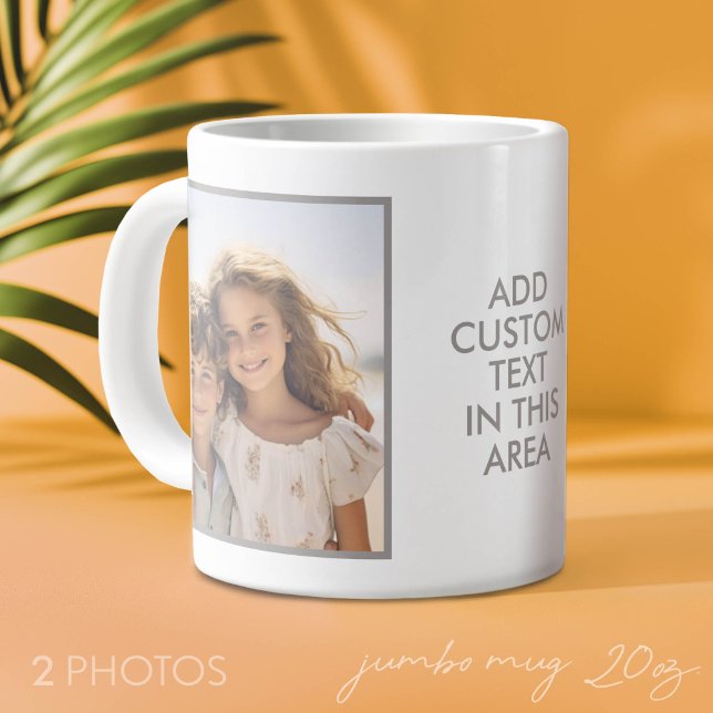 Grande Tasse 2 Collage de photos - Bordure grise simple et text (Custom Photo Mug with 2 Photos)