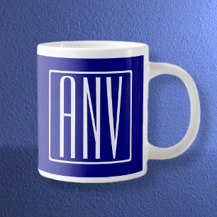 Grande Tasse 3 Initiales Monogramme   Bleu et blanc de la marin