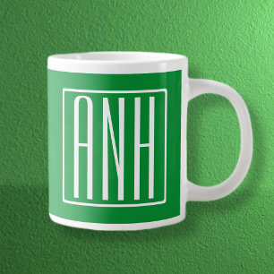 Grande Tasse 3 Initiales Monogramme   Vert & Blanc