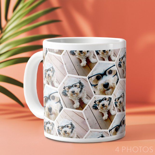 Grande Tasse 4 photos en collage - motif hexagonal funky (4 photo personalized coffee mug - funky hexagon pattern)