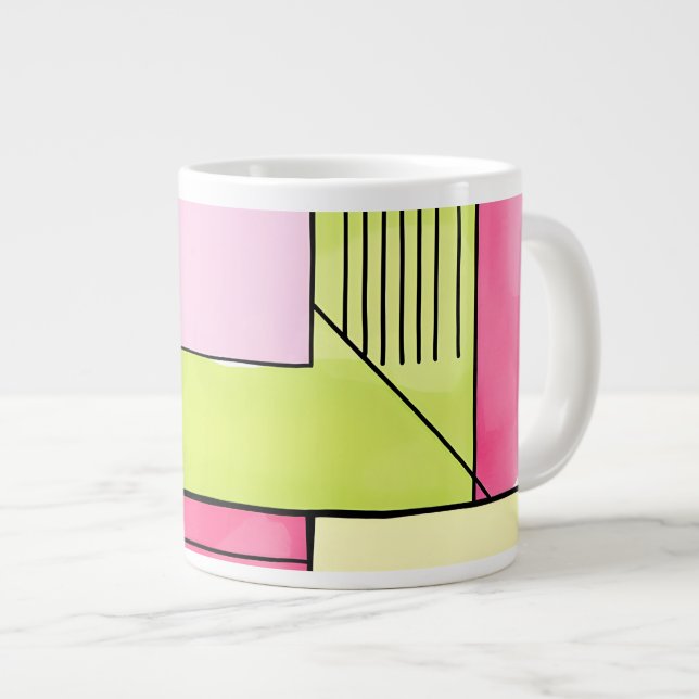 Grande Tasse Abstrait patchwork rose et vert citron (Devant droit)