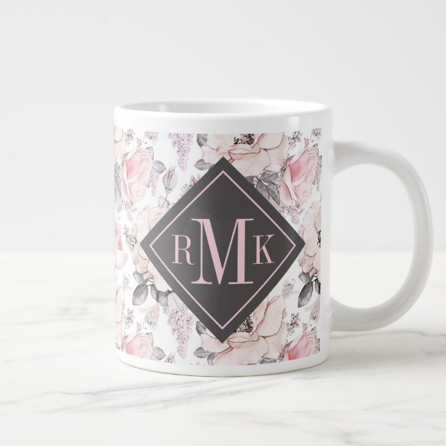 Grande Tasse Ajouter votre monogramme| Motif rose et gris class (Droite)