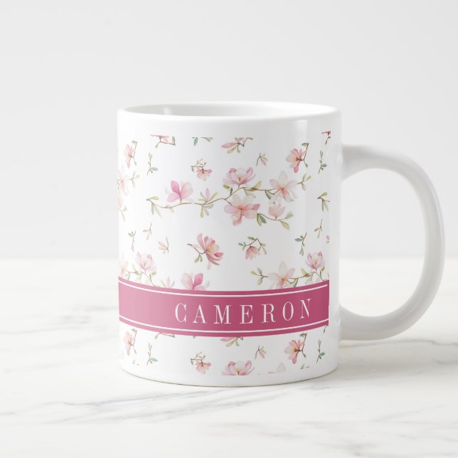 Grande Tasse Ajouter votre nom| Fleur d'aquarelle rose pâle (Droite)