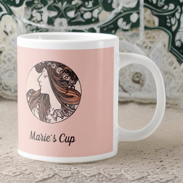 Grande Tasse Alphonse Mucha Art Nouveau Femme aux fleurs roses (Créateur téléchargé)
