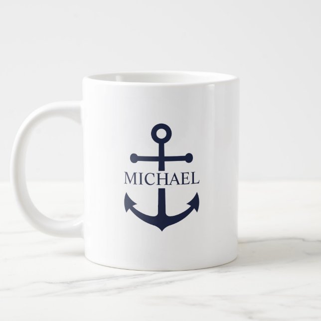 Grande Tasse Ancre Bleu Marine Personnalisée Nom (Gauche)