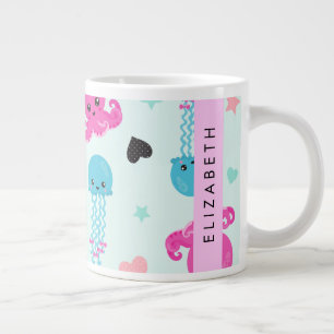 Grande Tasse Animaux de mer, poulpe, méduse, Coeurs, Votre nom