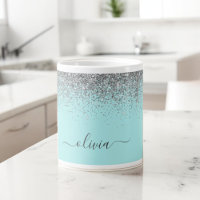 Aqua Bleu Turquoise Argent Paillettes Monogramme