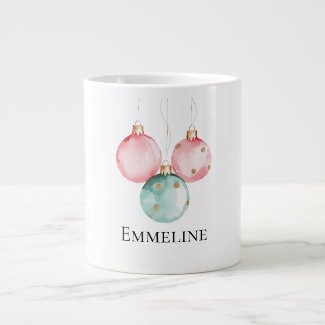 Grande Tasse Aqua Mint Pink Gold Dots Ornements de Noël Nom (Devant)