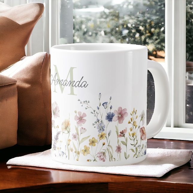 Grande Tasse Aquarelle Fleurs sauvages Boho élégant avec Monogr (Créateur téléchargé)