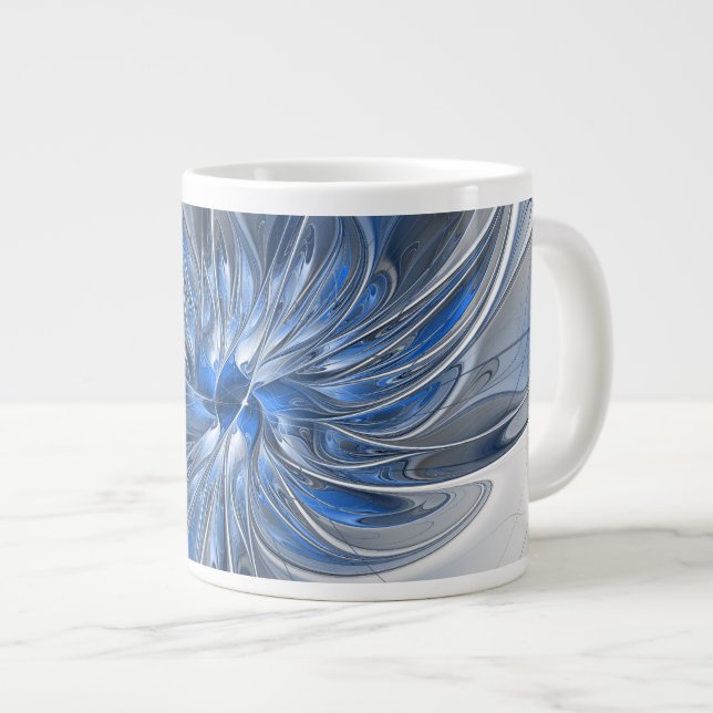 Grande Tasse Aquarelle gris bleu Abstrait Fractal Art Flower (Devant droit)