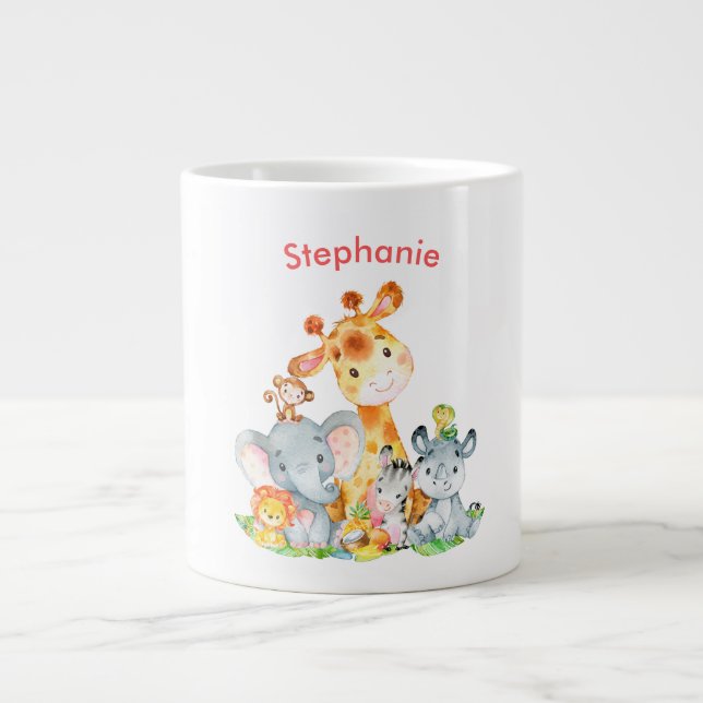 Grande Tasse Aquarelle rose Cute Safari Jungle Animaux (Devant)