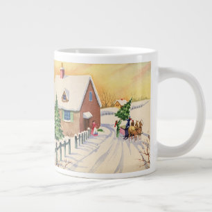 Grande Tasse Arbre de Noël vintage sur une route enneigée d'hiv