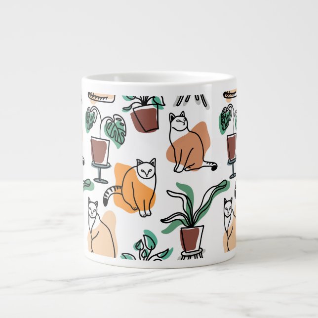 Grande Tasse Art de trait dessin chats et fleurs (Devant)