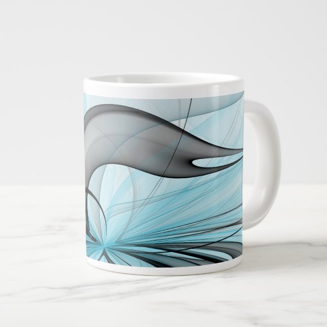 Grande Tasse Art fractal moderne gris anthracite abstrait bleu (Devant droit)