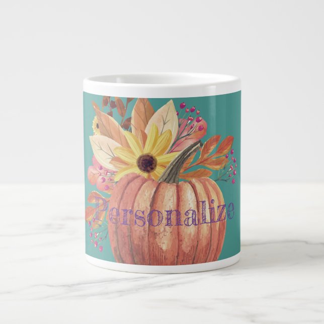 Grande Tasse Automne citrouille terre cuite fleurie orange et t (Devant)