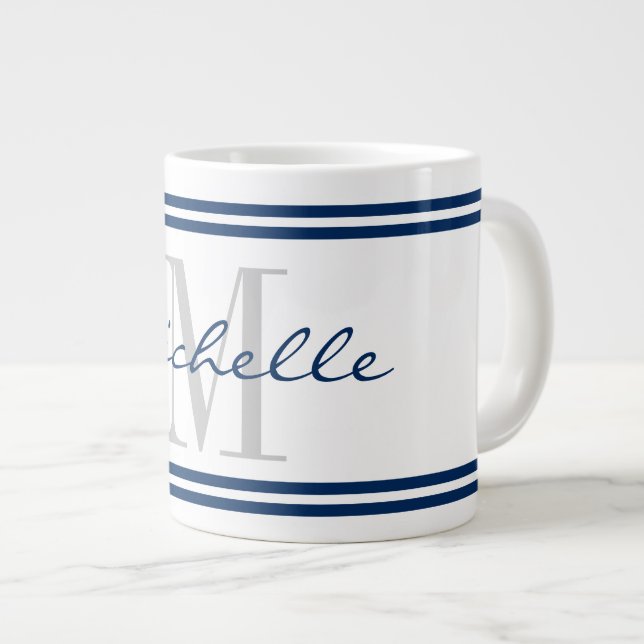 Grande Tasse Bande bleu marine marine marine sur mesure monogra (Devant droit)