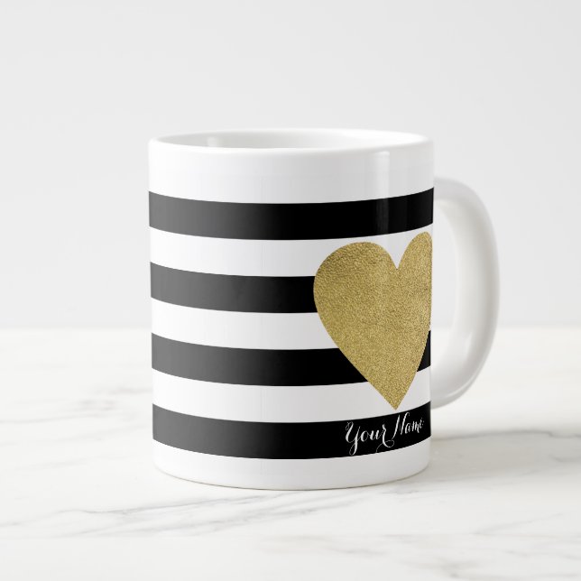 Grande Tasse Bandes noires et blanches avec coeur à huile d'or (Devant droit)